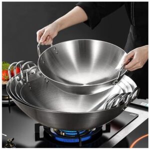 38/43/50cm Stainless Steel Wok Raging Fire Stove Frying Pan Double Ear Iron Pot